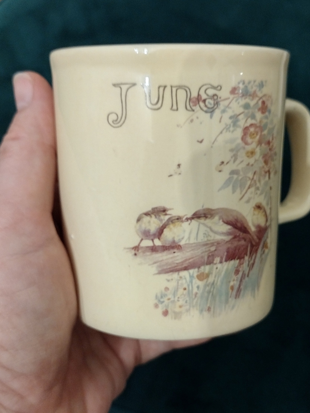 Vintage "June" Floral & Bird Ceramic Mug Cream
